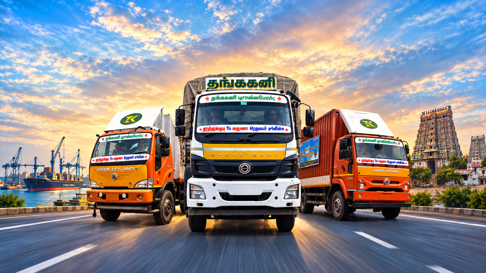 Thangakani Transport trucks on the Thoothukudi to Madurai route